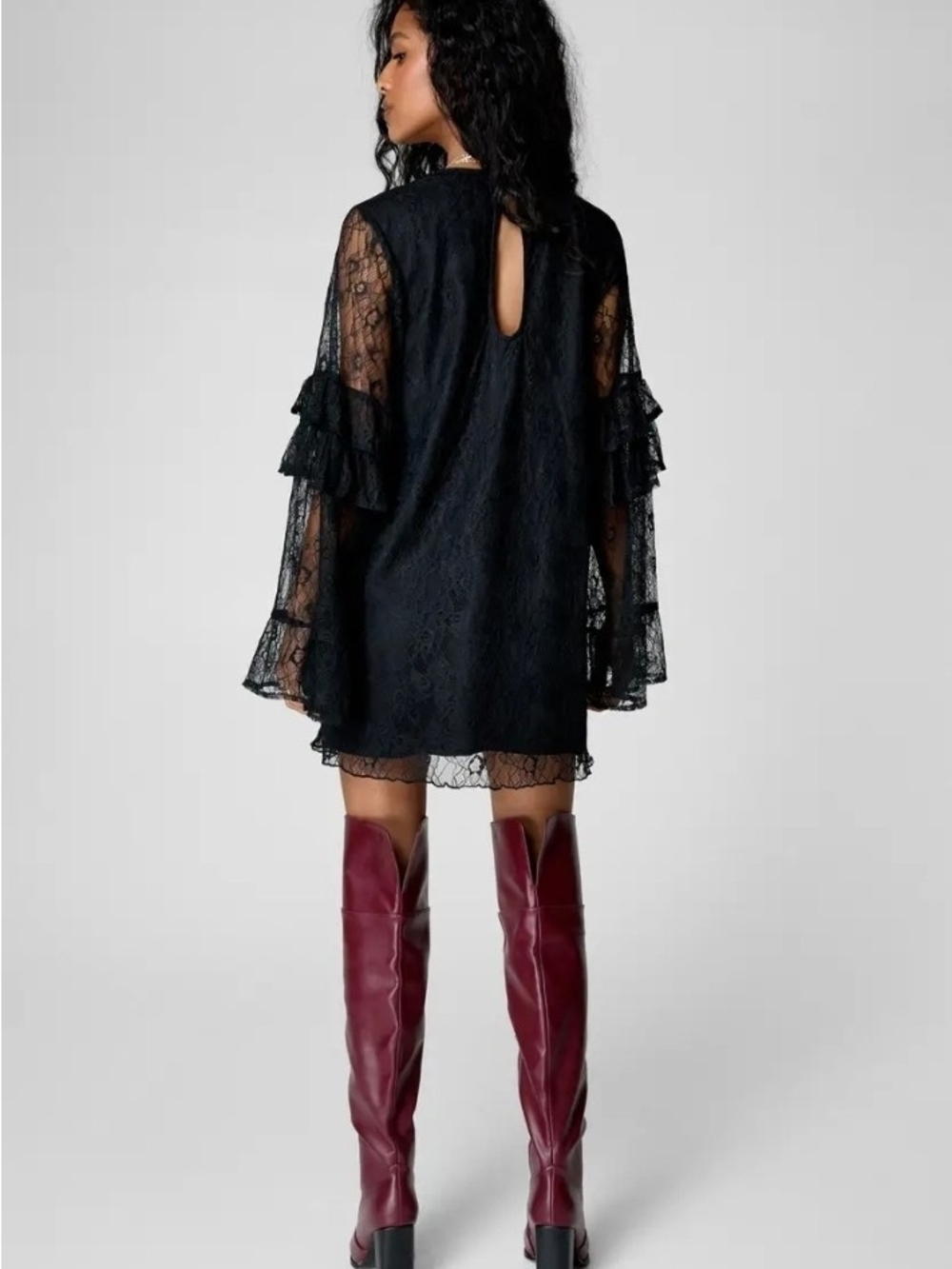 Nasty Gal Black Lace Ruffle Fluted Sleeve Mini Dress Sz 2 - Picture 2 of 7
